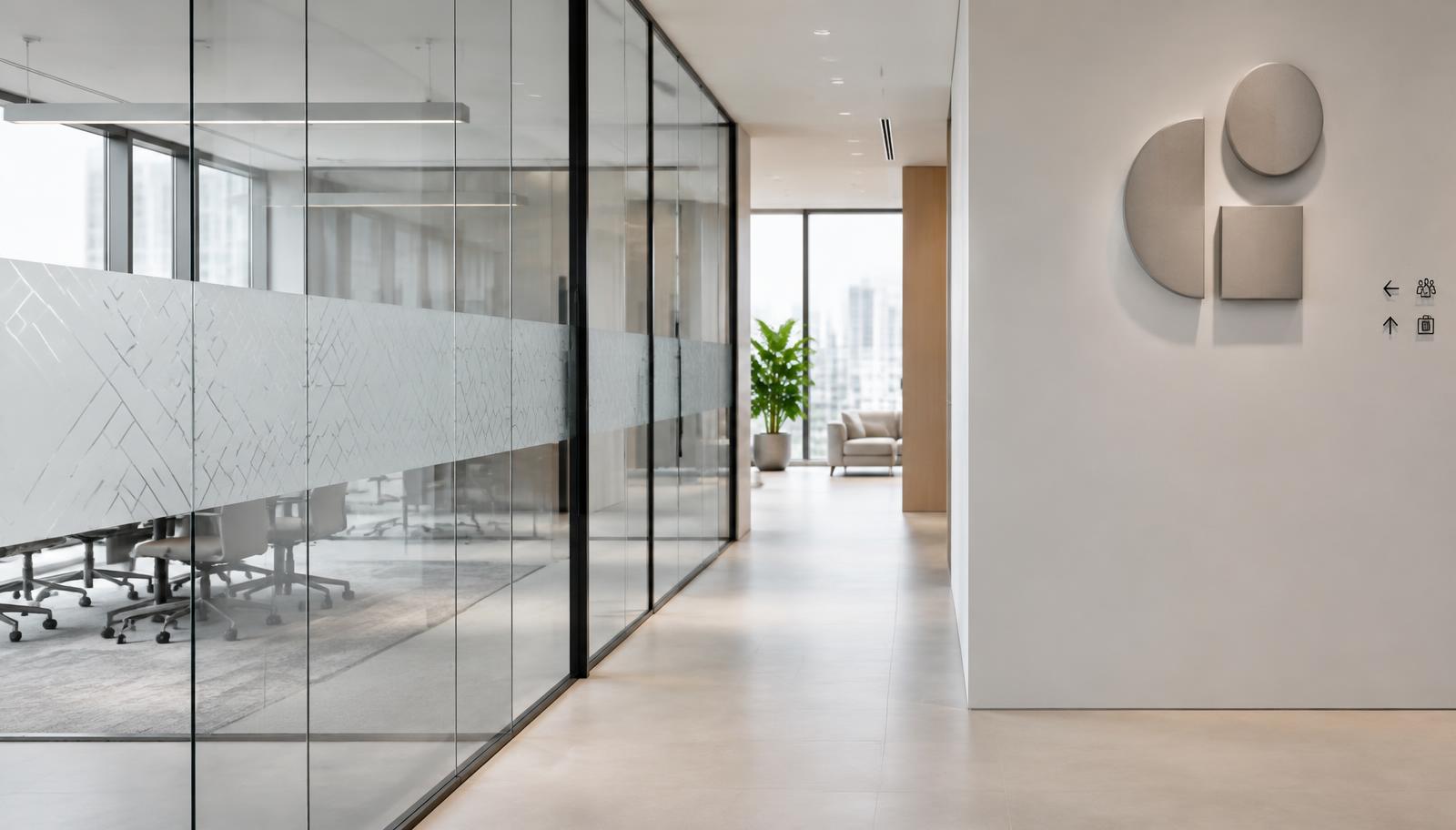 Bürogebäude in Hamburg mit Glasdekorfolie an der Trennwand, Wandlogo und Orientierungshinweisen